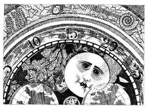 pen-and-ink illustration of the face of a grandfather's clock featuring the moon © Rae St. Clair Bridgman