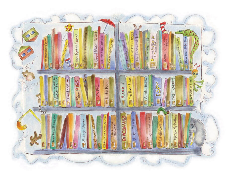 illustration of a library shelf of children's books © Rae St. Clair Bridgman